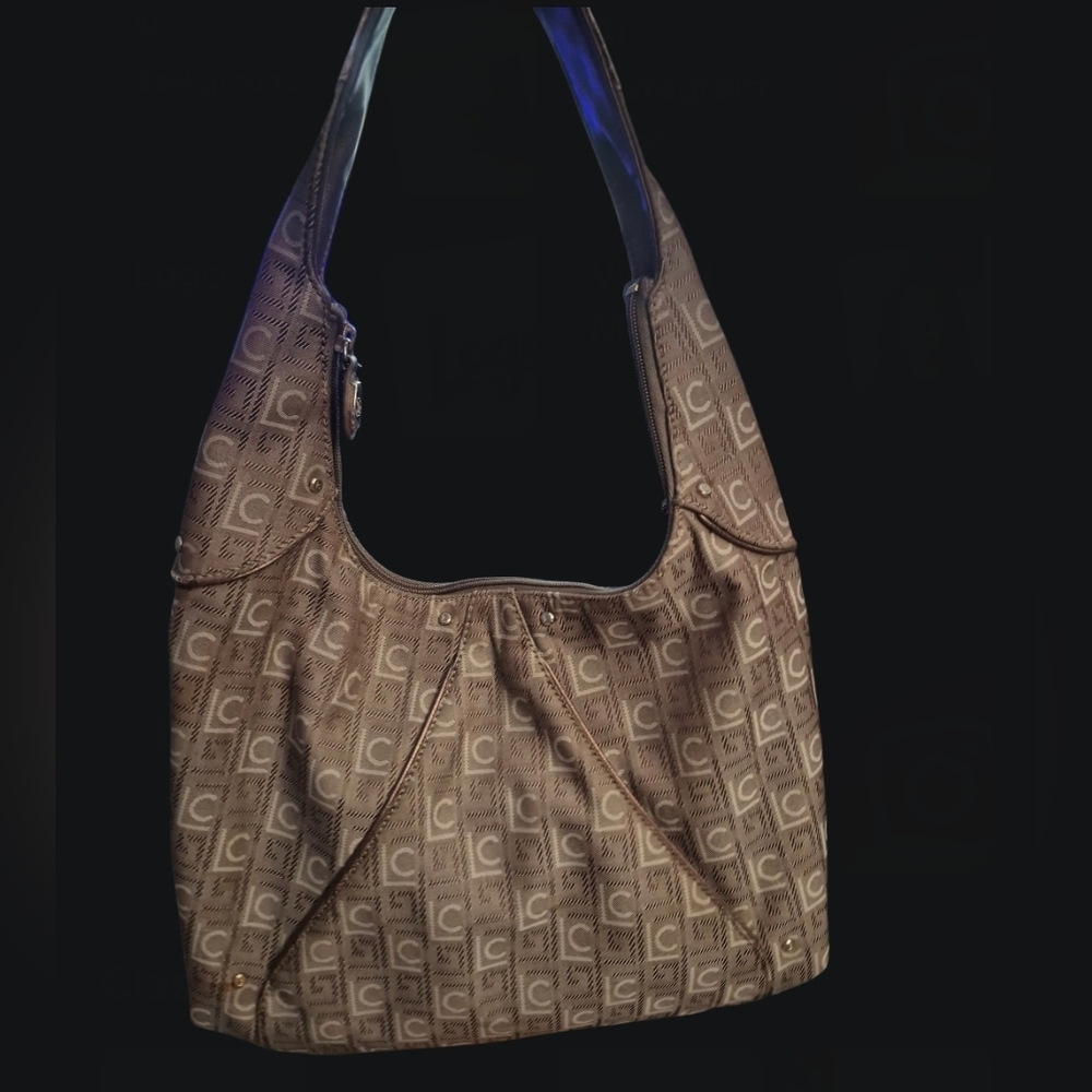 Brown & Beige Liz Claiborne Monogramed Classic Hobo Shoulder Bag w/ Gold Details